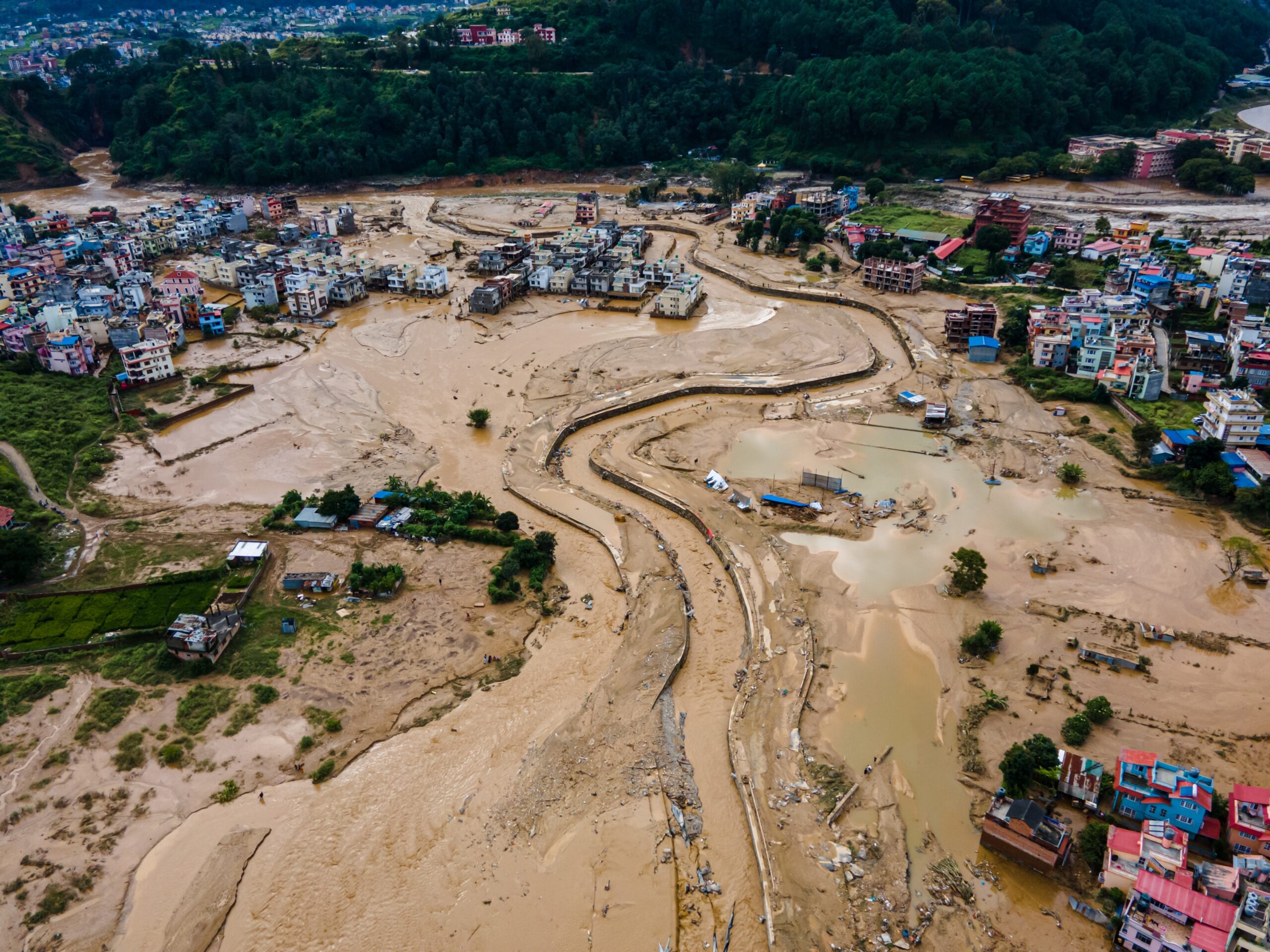 Representative aerial photograph of flood damage in Nepal